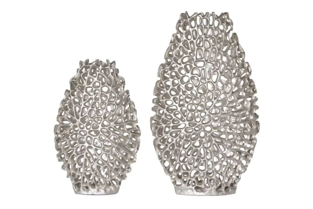 Riess-Ambiente Dekoration|Vasen > Filigranes Vasen 2er Set ABSTRACT LEAF 40cm silber Metall Handarbeit Blumenvase