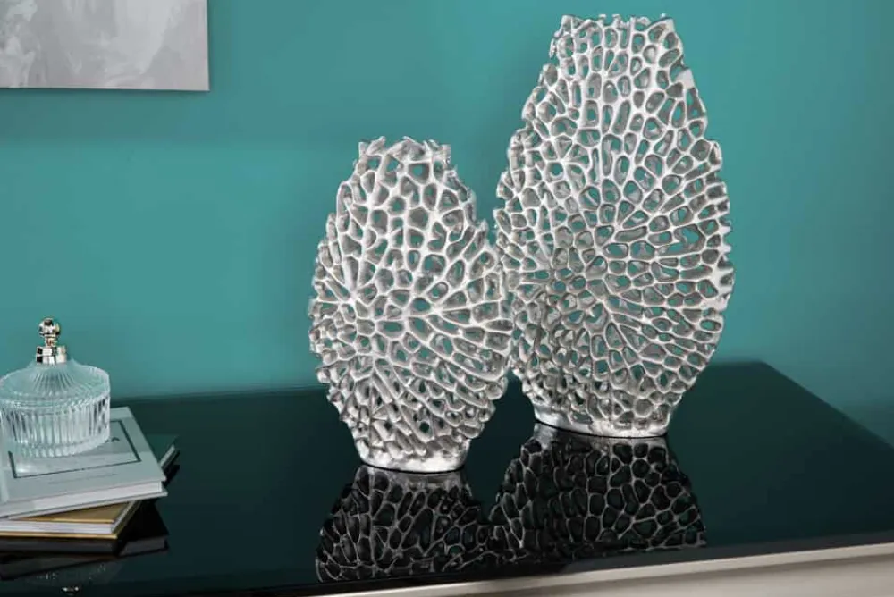 Riess-Ambiente Dekoration|Vasen > Filigranes Vasen 2er Set ABSTRACT LEAF 40cm silber Metall Handarbeit Blumenvase
