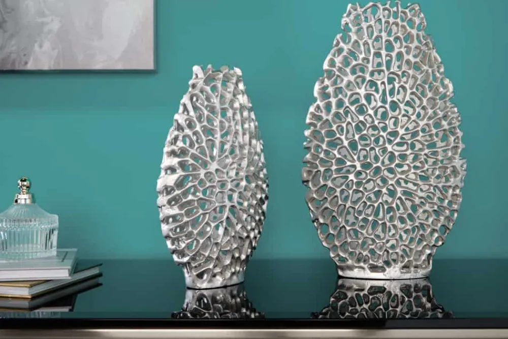 Riess-Ambiente Dekoration|Vasen > Filigranes Vasen 2er Set ABSTRACT LEAF 40cm silber Metall Handarbeit Blumenvase