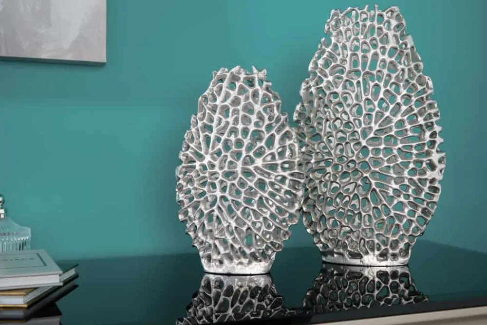 Riess-Ambiente Dekoration|Vasen > Filigranes Vasen 2er Set ABSTRACT LEAF 40cm silber Metall Handarbeit Blumenvase