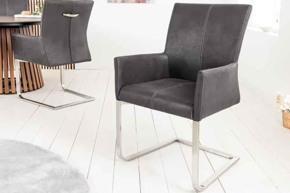 Riess-Ambiente Freischwinger|Industrial Loft > Freischwinger Stuhl SAMSON vintage grau mit Armlehne und Edelstahlrahmen