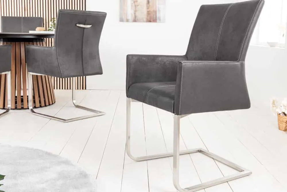 Riess-Ambiente Freischwinger|Industrial Loft > Freischwinger Stuhl SAMSON vintage grau mit Armlehne und Edelstahlrahmen