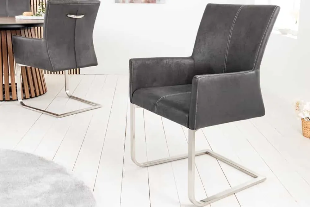 Riess-Ambiente Freischwinger|Industrial Loft > Freischwinger Stuhl SAMSON vintage grau mit Armlehne und Edelstahlrahmen
