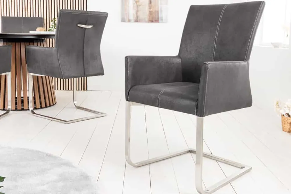 Riess-Ambiente Freischwinger|Industrial Loft > Freischwinger Stuhl SAMSON vintage grau mit Armlehne und Edelstahlrahmen
