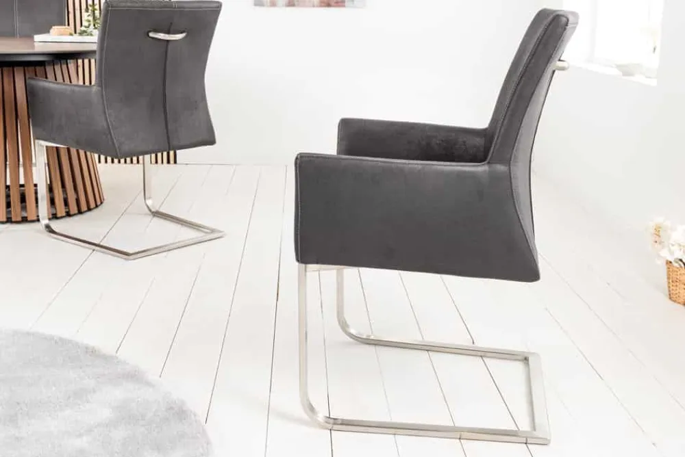 Riess-Ambiente Freischwinger|Industrial Loft > Freischwinger Stuhl SAMSON vintage grau mit Armlehne und Edelstahlrahmen
