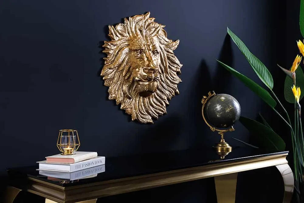 Riess-Ambiente Goldene Möbel|Wanddekoration > Goldene Wanddeko WILDLIFE LION 35cm gold Metall Löwenkopf-Skulptur handmade