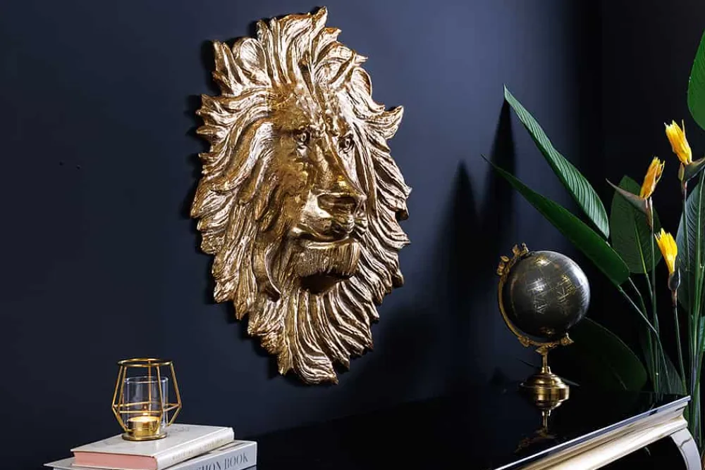 Riess-Ambiente Goldene Möbel|Wanddekoration > Goldene Wanddeko WILDLIFE LION 60cm gold Metall Löwenkopf-Skulptur handmade