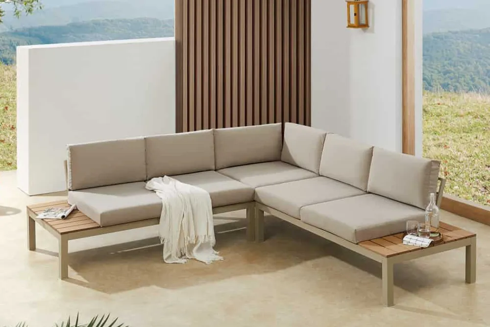 Riess-Ambiente Skandinavisch|Sitzgruppen > Große Garten Sitzgruppe MIAMI LOUNGE 240cm champagner greige Aluminium wetterfest Outdoor inkl. Kissen