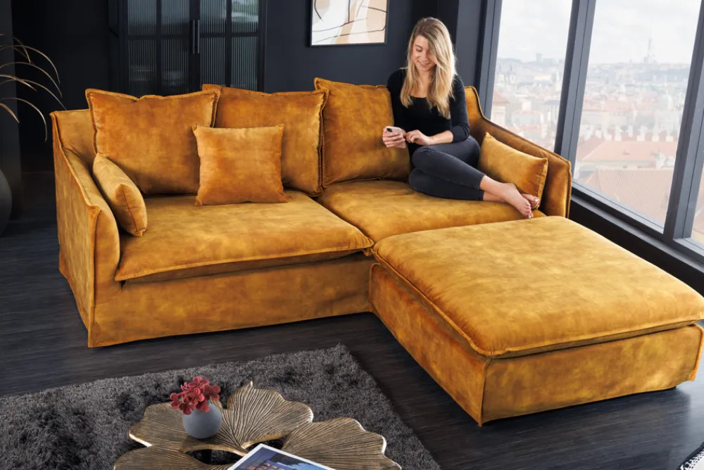 Riess-Ambiente Polsterhocker|Sitzhocker > Großer Hussenhocker HEAVEN 100cm senfgelb Samt Landhausstil Sofahocker waschbarer Bezug