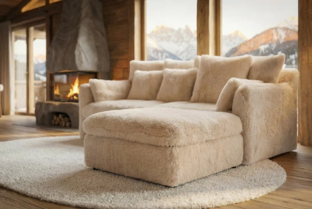 Riess-Ambiente 2-Sitzer Sofa|Sitzhocker > Großer Sitzhocker YETI 100cm beige sand Shaggy-Stoff langfloriger Plüsch Sofahocker