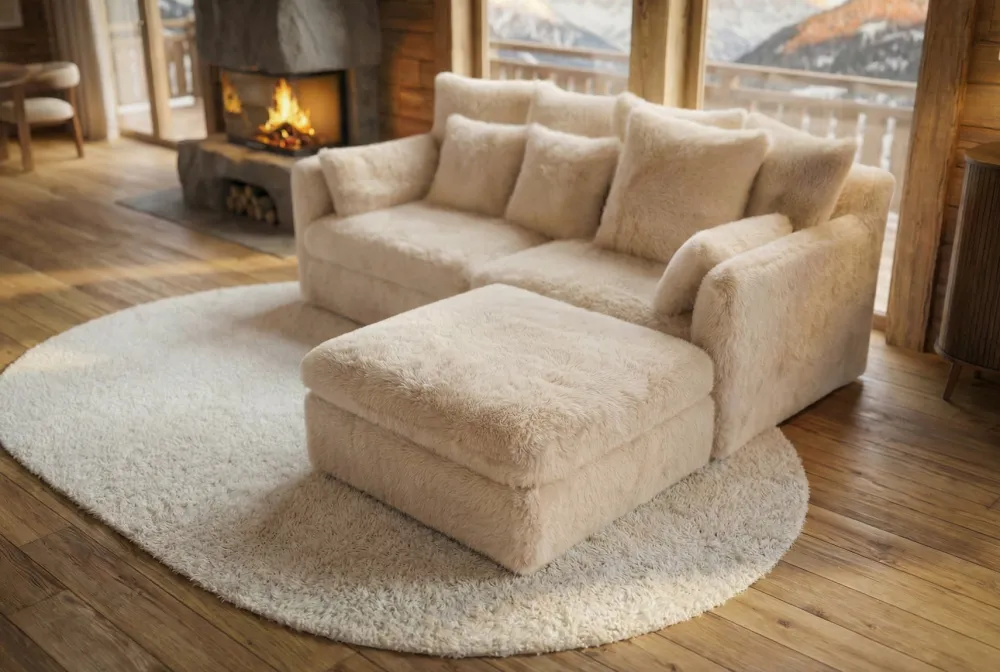 Riess-Ambiente 2-Sitzer Sofa|Sitzhocker > Großer Sitzhocker YETI 100cm beige sand Shaggy-Stoff langfloriger Plüsch Sofahocker