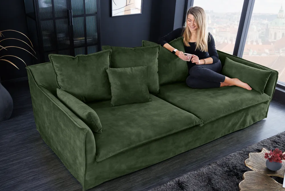 Riess-Ambiente Samt Möbel|Xxl Sofa > Großes 3-Sitzer Sofa HEAVEN 200cm dunkelgrün Samt Federkern waschbarer Bezug Hussensofa Couch