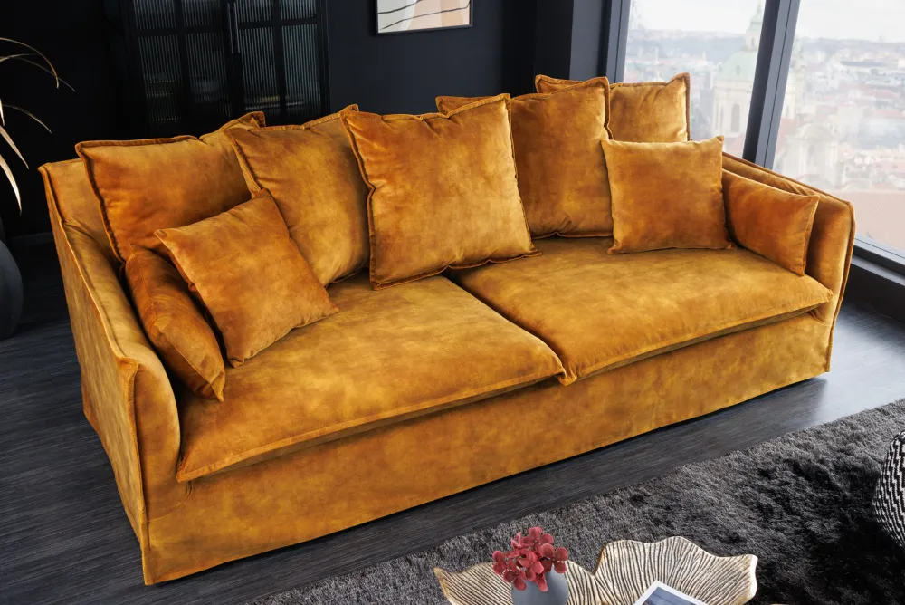 Riess-Ambiente Samt Möbel|Xxl Sofa > Großes 3-Sitzer Sofa HEAVEN 200cm senfgelb Samt Federkern waschbarer Bezug Hussensofa Couch