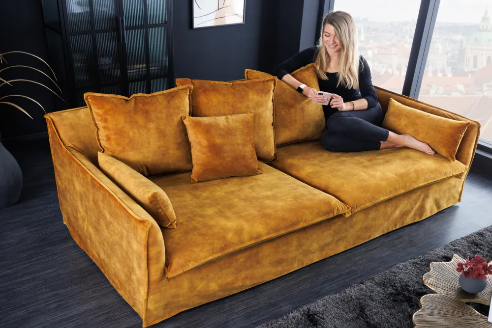 Riess-Ambiente Samt Möbel|Xxl Sofa > Großes 3-Sitzer Sofa HEAVEN 200cm senfgelb Samt Federkern waschbarer Bezug Hussensofa Couch