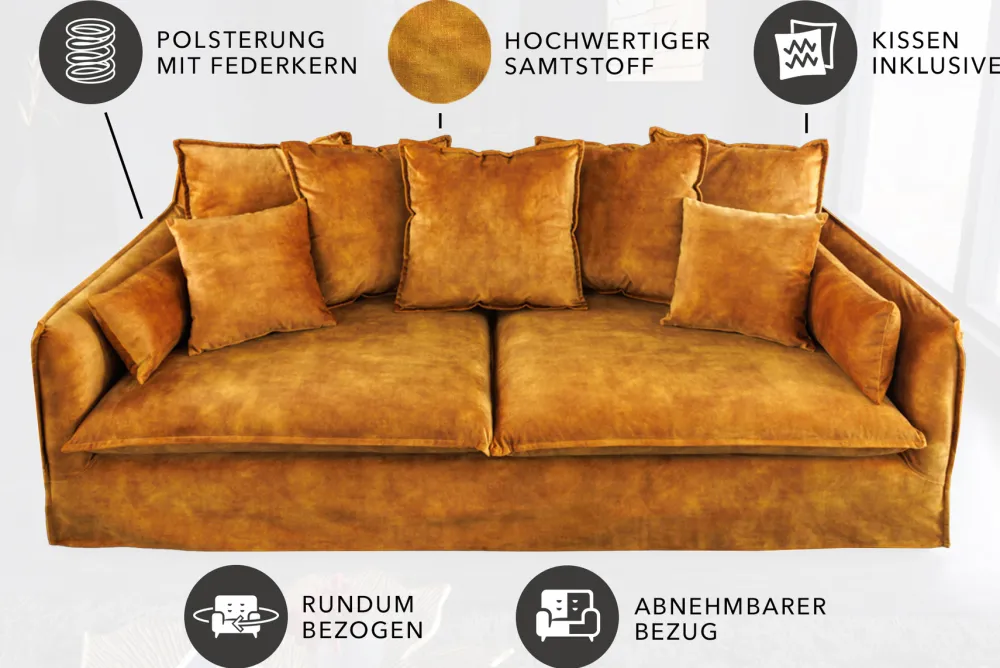 Riess-Ambiente Samt Möbel|Xxl Sofa > Großes 3-Sitzer Sofa HEAVEN 200cm senfgelb Samt Federkern waschbarer Bezug Hussensofa Couch