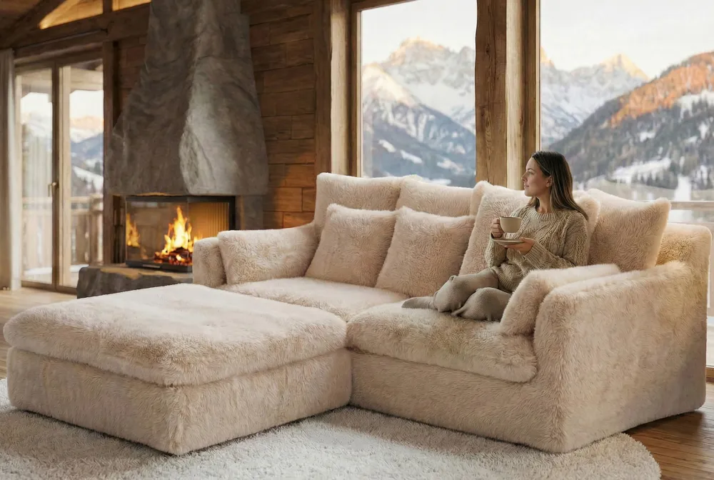 Riess-Ambiente Xxl Sofa|3-Sitzer Sofa > Großes 3-Sitzer Sofa YETI 200cm beige sand langfloriger Plüsch Shaggy-Stoff
