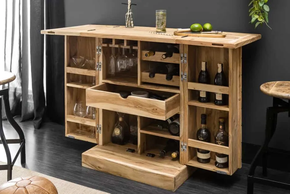 Riess-Ambiente Mehr...|Mehr... > Handgearbeiteter Barschrank MOSAICO 130cm Akazie Massivholz 3D Effekt