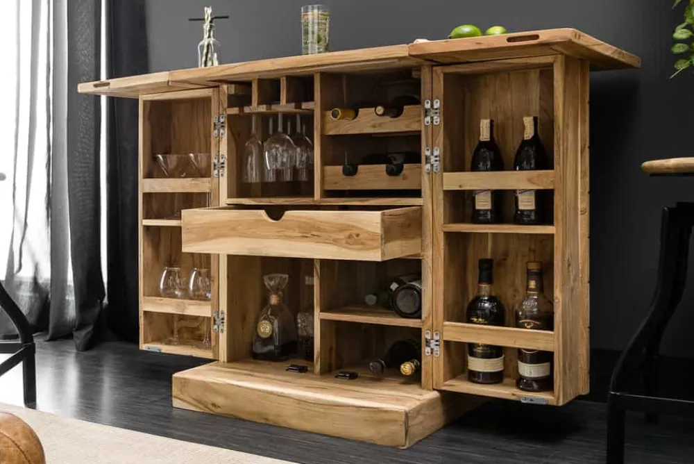 Riess-Ambiente Mehr...|Mehr... > Handgearbeiteter Barschrank MOSAICO 130cm Akazie Massivholz 3D Effekt