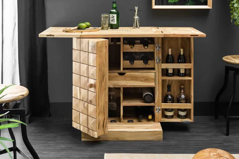 Riess-Ambiente Mehr...|Mehr... > Handgearbeiteter Barschrank MOSAICO 130cm Akazie Massivholz 3D Effekt