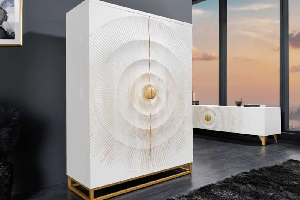 Riess-Ambiente Mehr...|Massivholzschränke > Handgearbeiteter Barschrank GOLDEN SUNSET 140cm weiß gold Mangoholz massiv