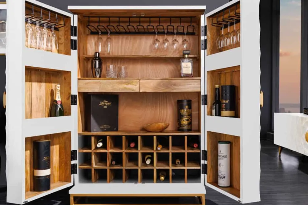 Riess-Ambiente Mehr...|Massivholzschränke > Handgearbeiteter Barschrank GOLDEN SUNSET 140cm weiß gold Mangoholz massiv