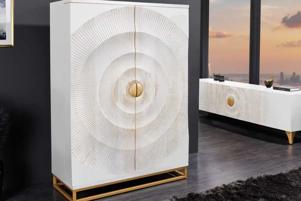 Riess-Ambiente Mehr...|Massivholzschränke > Handgearbeiteter Barschrank GOLDEN SUNSET 140cm weiß gold Mangoholz massiv