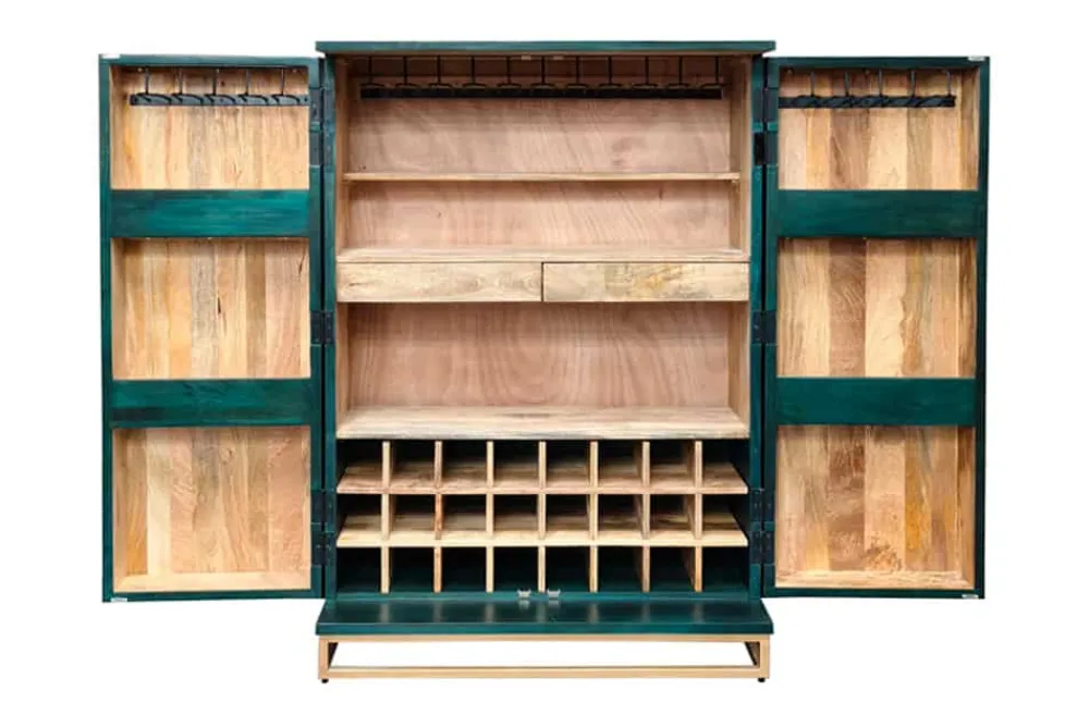 Riess-Ambiente Mehr...|Massivholzschränke > Handgearbeiteter Barschrank GOLDEN SUNSET 140cm türkis Mangoholz massiv