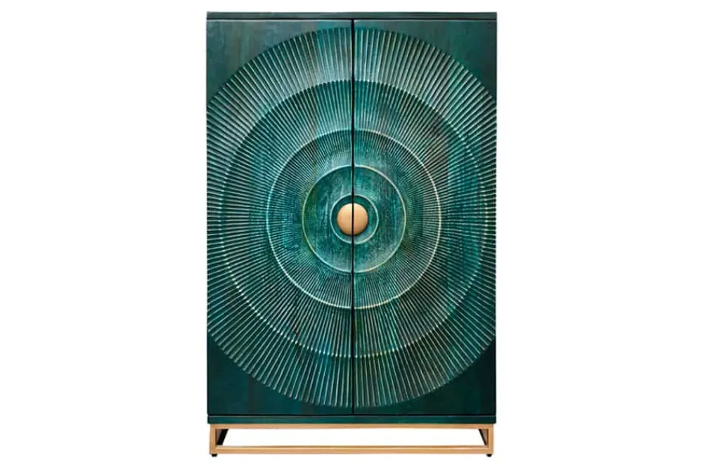 Riess-Ambiente Mehr...|Massivholzschränke > Handgearbeiteter Barschrank GOLDEN SUNSET 140cm türkis Mangoholz massiv