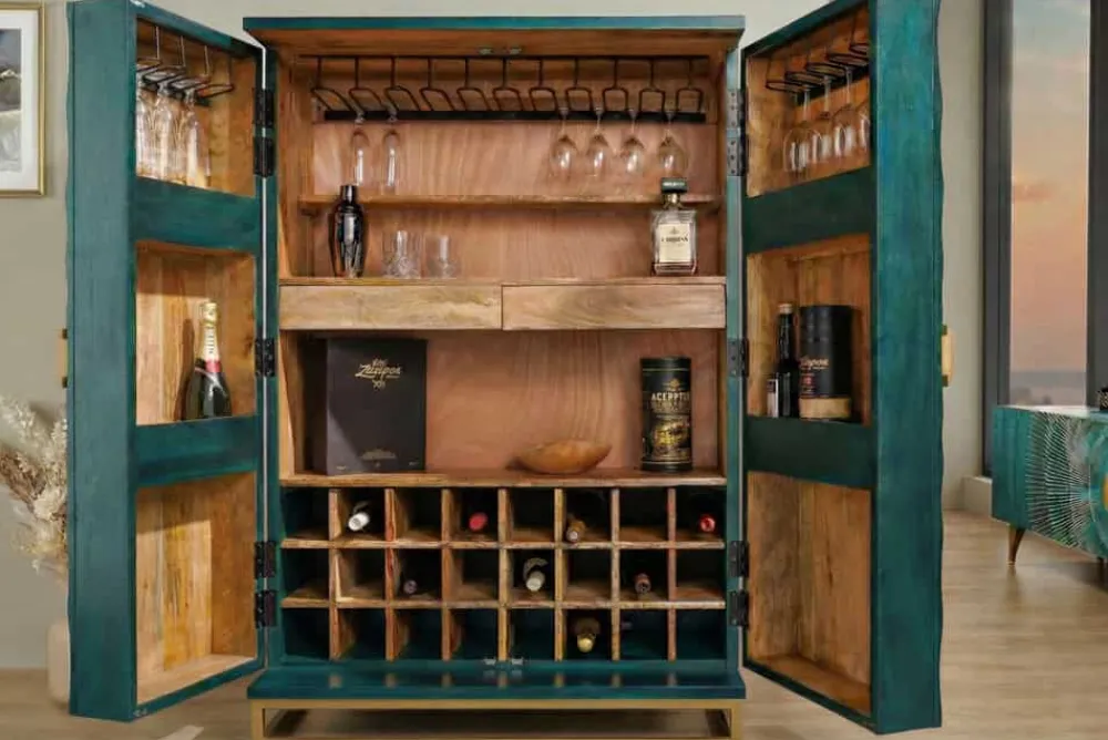 Riess-Ambiente Mehr...|Massivholzschränke > Handgearbeiteter Barschrank GOLDEN SUNSET 140cm türkis Mangoholz massiv