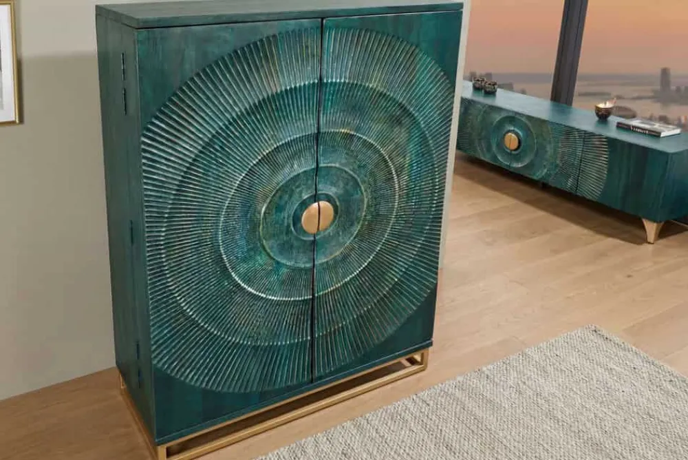 Riess-Ambiente Mehr...|Massivholzschränke > Handgearbeiteter Barschrank GOLDEN SUNSET 140cm türkis Mangoholz massiv
