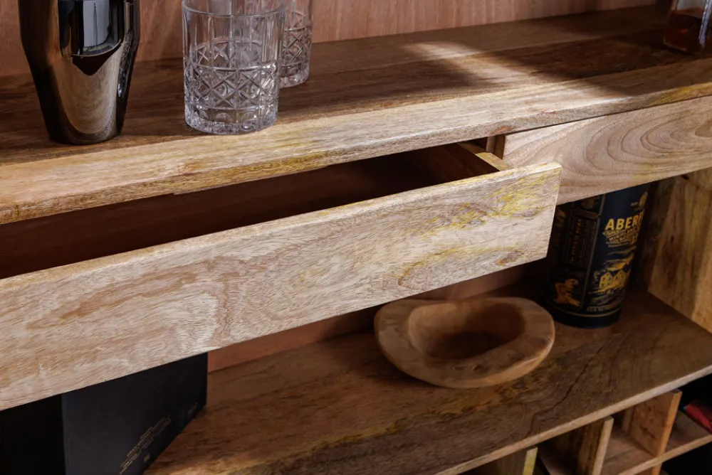 Riess-Ambiente Mehr...|Massivholzschränke > Handgearbeiteter Barschrank GOLDEN SUNSET 140cm türkis Mangoholz massiv