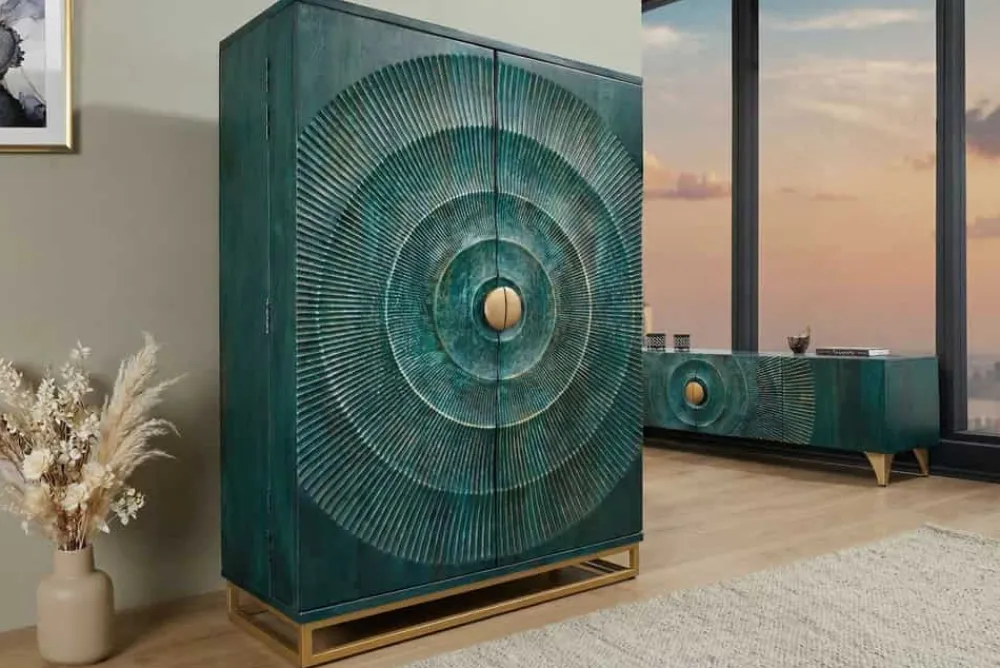 Riess-Ambiente Mehr...|Massivholzschränke > Handgearbeiteter Barschrank GOLDEN SUNSET 140cm türkis Mangoholz massiv