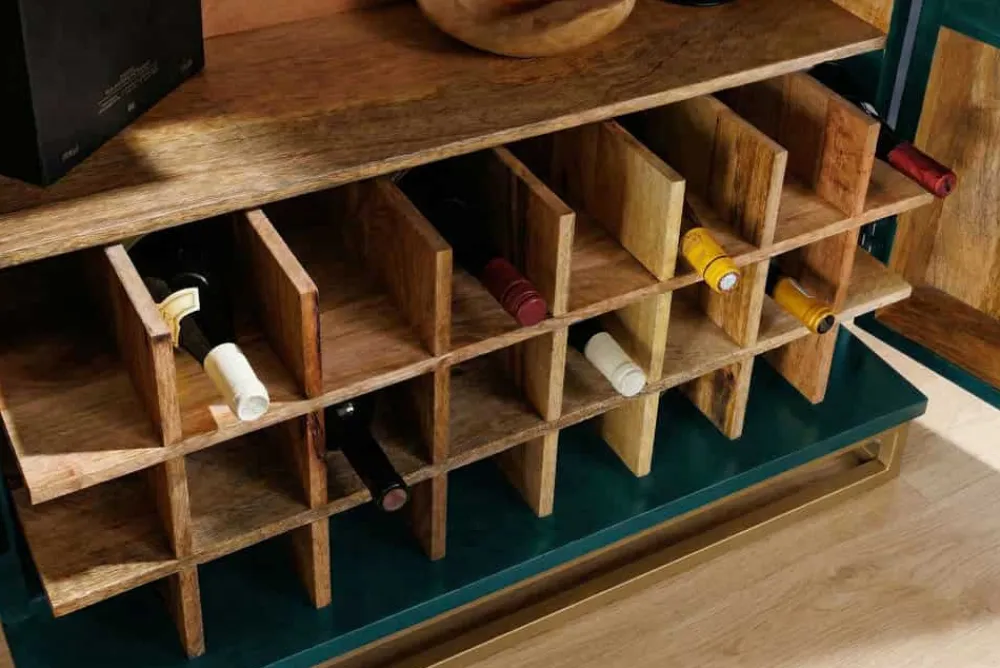 Riess-Ambiente Mehr...|Massivholzschränke > Handgearbeiteter Barschrank GOLDEN SUNSET 140cm türkis Mangoholz massiv