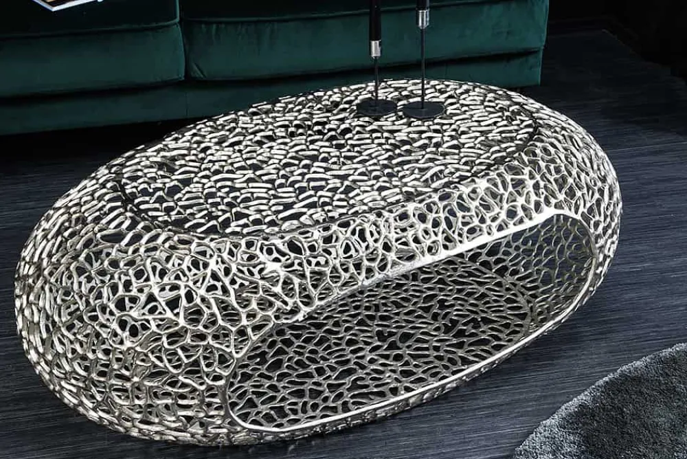 Riess-Ambiente Couchtische & Truhen > Handgearbeiteter Couchtisch ORGANIC 120cm silber Metall Blatt-Design mit Stauraum