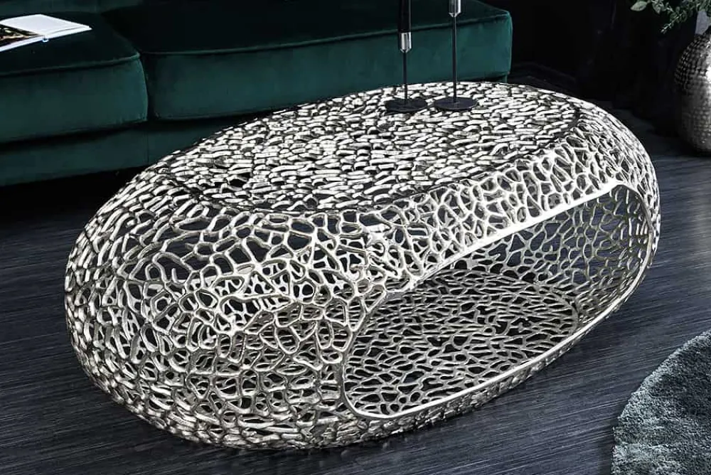 Riess-Ambiente Couchtische & Truhen > Handgearbeiteter Couchtisch ORGANIC 120cm silber Metall Blatt-Design mit Stauraum