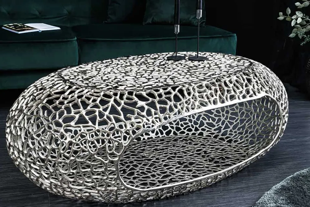 Riess-Ambiente Couchtische & Truhen > Handgearbeiteter Couchtisch ORGANIC 120cm silber Metall Blatt-Design mit Stauraum
