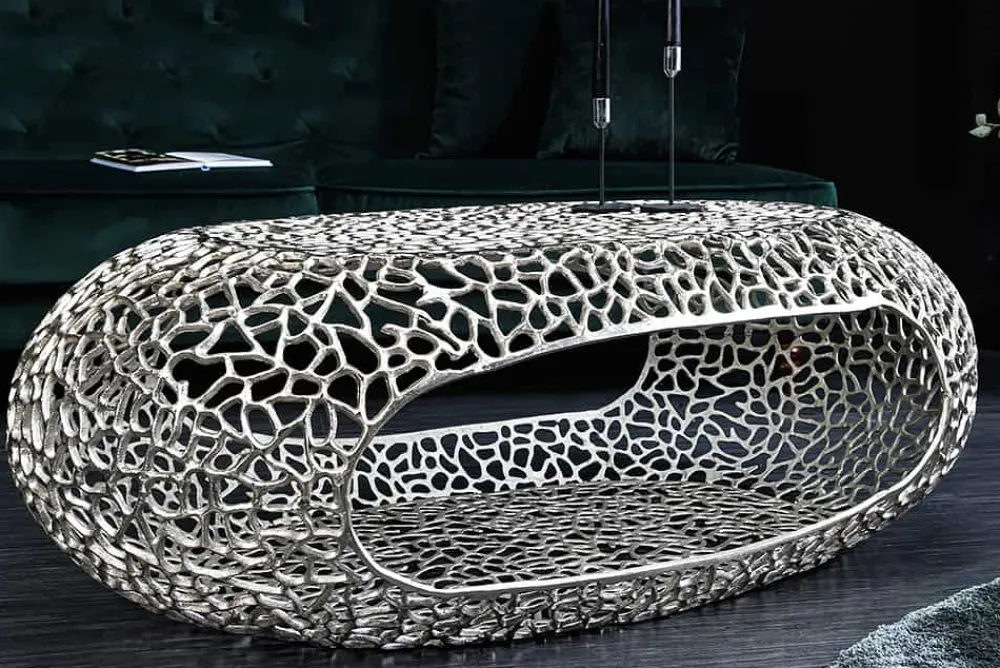 Riess-Ambiente Couchtische & Truhen > Handgearbeiteter Couchtisch ORGANIC 120cm silber Metall Blatt-Design mit Stauraum