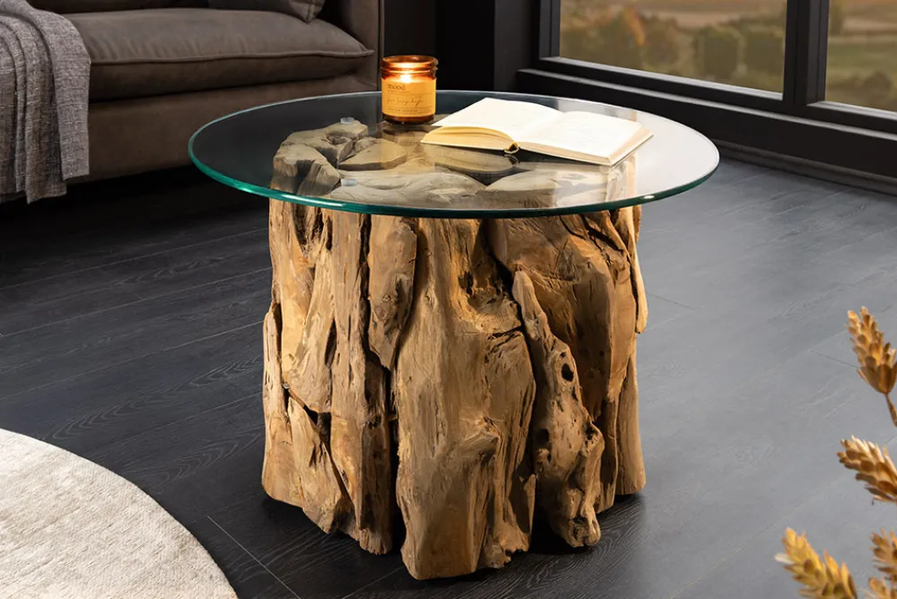 Riess-Ambiente Mehr...|Couchtische > Handgearbeiteter Couchtisch RIVERSIDE 60cm Teakholz runde Glasplatte Massivholz