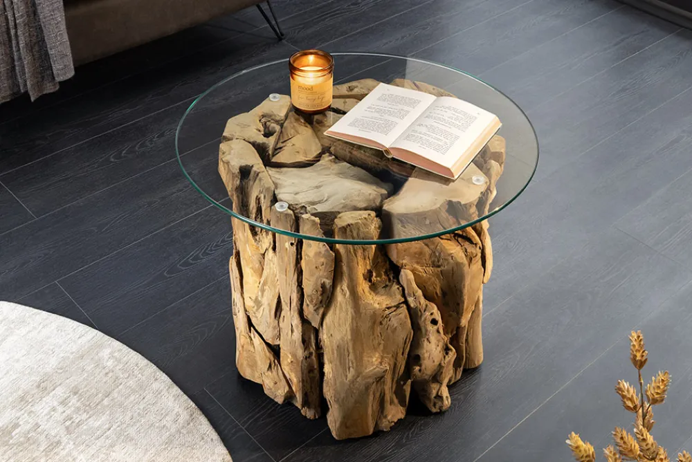 Riess-Ambiente Mehr...|Couchtische > Handgearbeiteter Couchtisch RIVERSIDE 60cm Teakholz runde Glasplatte Massivholz