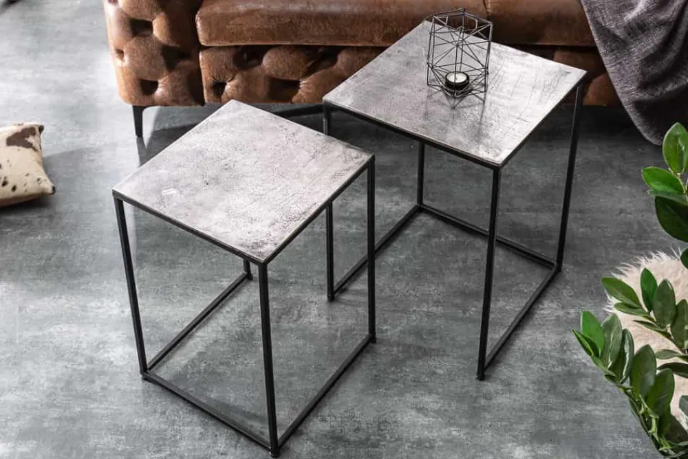 Riess-Ambiente Beistelltische|Couchtische & Truhen > Handgearbeitetes Beistelltisch 2er Set ELEMENTS 40cm silber schwarz Couchtisch
