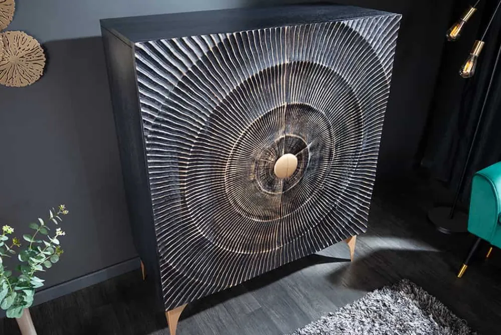 Riess-Ambiente Mehr...|Goldene Möbel > Handgearbeitetes Highboard GOLDEN SUNSET 120cm mit 3D Schnitzereien schwarz gold Mangoholz