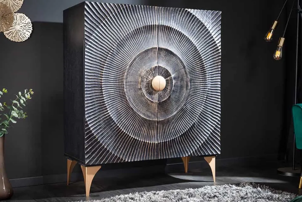 Riess-Ambiente Mehr...|Goldene Möbel > Handgearbeitetes Highboard GOLDEN SUNSET 120cm mit 3D Schnitzereien schwarz gold Mangoholz