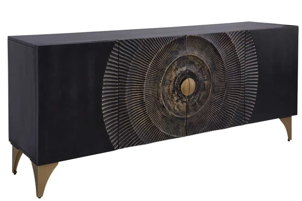 Riess-Ambiente Mehr...|Goldene Möbel > Handgearbeitetes Sideboard GOLDEN SUNSET 180cm schwarz mit 3D Schnitzereien gold Mangoholz Metallbeine
