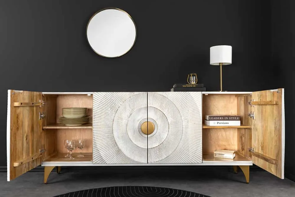 Riess-Ambiente Mehr...|Goldene Möbel > Handgearbeitetes Sideboard GOLDEN SUNSET 180cm weiß gold Mangoholz Metallbeine