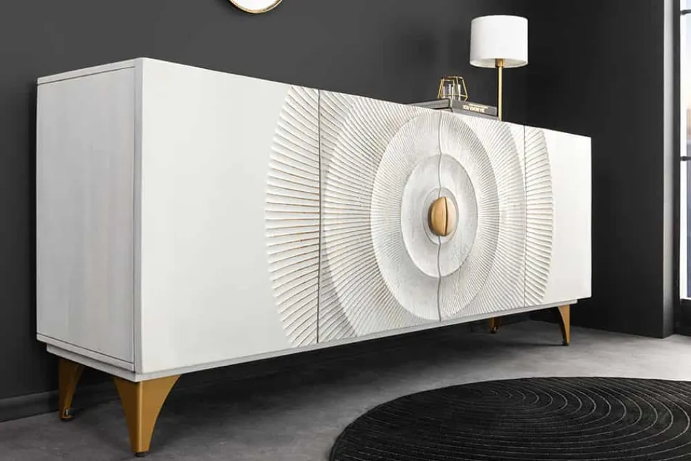 Riess-Ambiente Mehr...|Goldene Möbel > Handgearbeitetes Sideboard GOLDEN SUNSET 180cm weiß gold Mangoholz Metallbeine