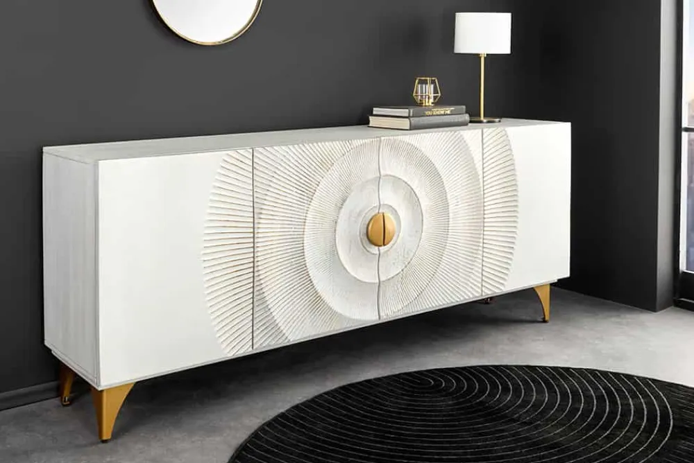 Riess-Ambiente Mehr...|Goldene Möbel > Handgearbeitetes Sideboard GOLDEN SUNSET 180cm weiß gold Mangoholz Metallbeine