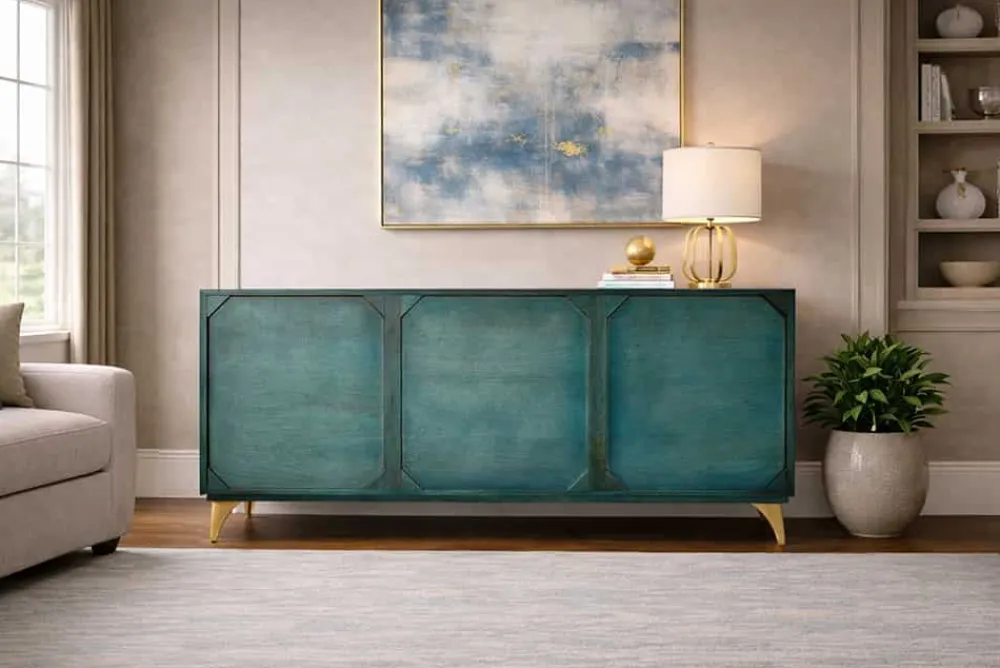 Riess-Ambiente Mehr...|Massivholzschränke > Handgearbeitetes Sideboard GOLDEN SUNSET 140cm türkis mit 3D Schnitzereien gold Mangoholz Metallbeine