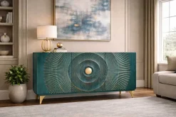 Riess-Ambiente Mehr...|Massivholzschränke > Handgearbeitetes Sideboard GOLDEN SUNSET 140cm türkis mit 3D Schnitzereien gold Mangoholz Metallbeine