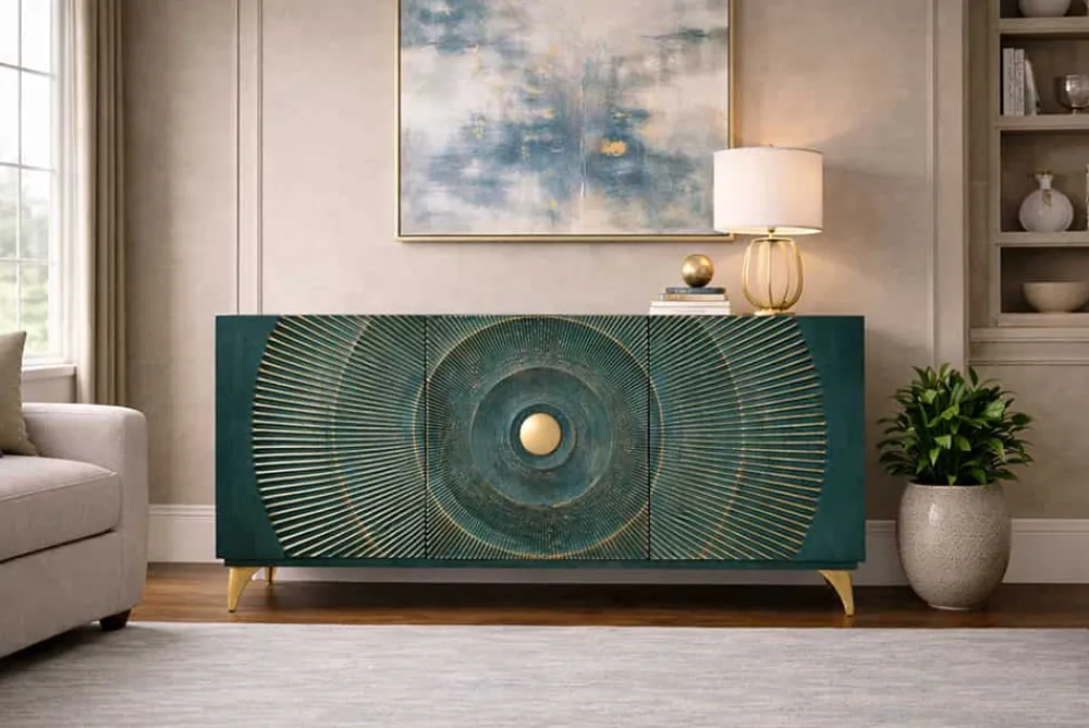 Riess-Ambiente Mehr...|Massivholzschränke > Handgearbeitetes Sideboard GOLDEN SUNSET 140cm türkis mit 3D Schnitzereien gold Mangoholz Metallbeine