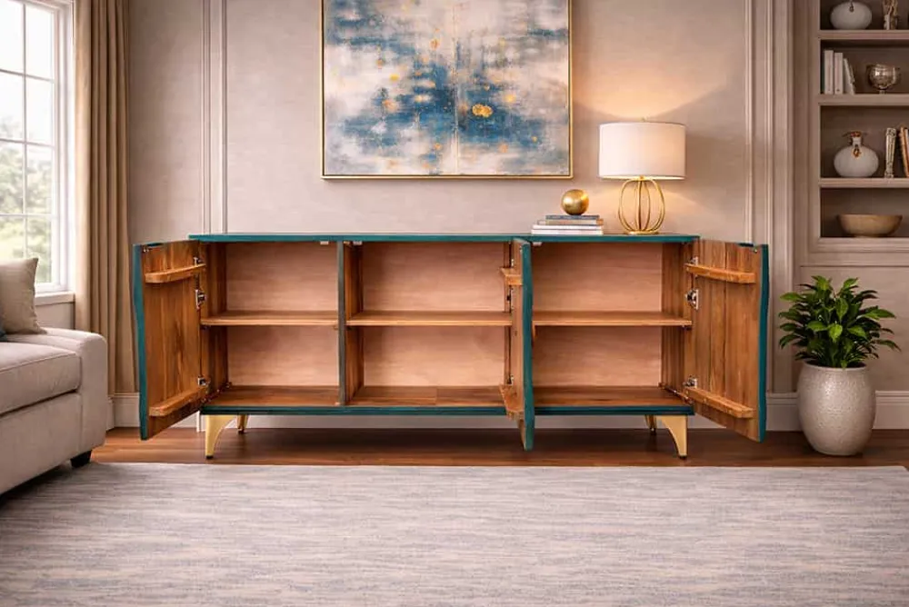 Riess-Ambiente Mehr...|Massivholzschränke > Handgearbeitetes Sideboard GOLDEN SUNSET 140cm türkis mit 3D Schnitzereien gold Mangoholz Metallbeine